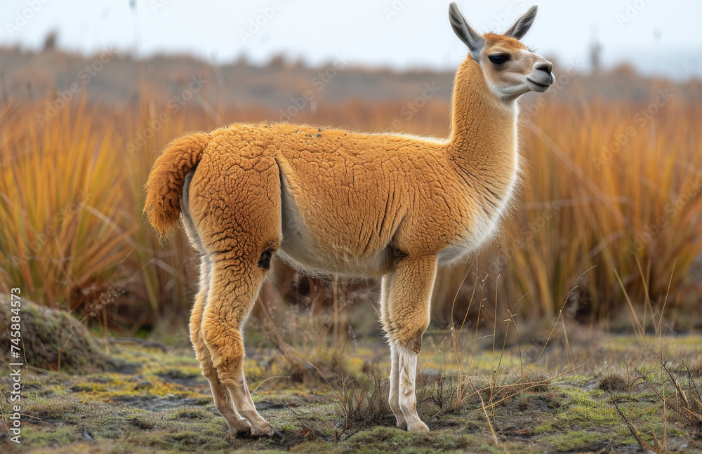 Unique sighting of a guanaco in a grassy landscape during a cloudy afternoon in a remote region of South America Unique sighting of a guanaco in a grassy landscape during a cloudy afternoon in a remote region of South America