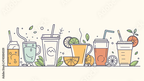 Beverages such as coffee, tea, and soda illustrated in a refreshing and inviting line art style.