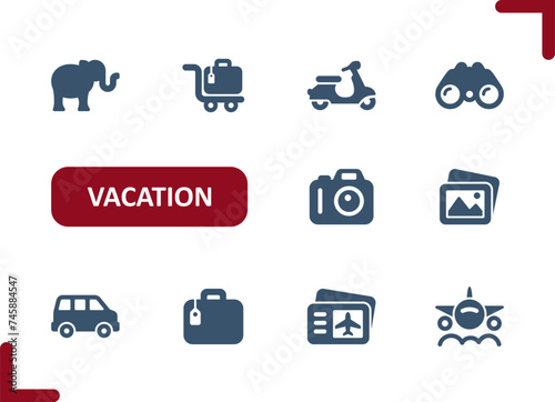 Vacation Icons. Tourism, Travel, Safari, Luggage, Scooter, Camera, Photos, Plane Ticket Icon