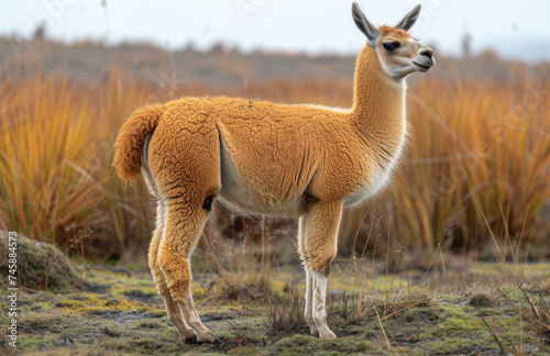 Unique sighting of a guanaco in a grassy landscape during a cloudy afternoon in a remote region of South America