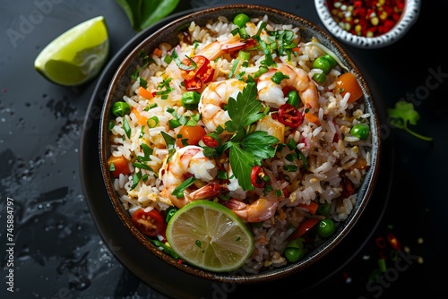 Top view of Tom Yum Fried Rice on a black background: A taste of Thai Cuisine. Concept Thai Cuisine, Tom Yum Fried Rice, Top View, Black Background, Food Photography