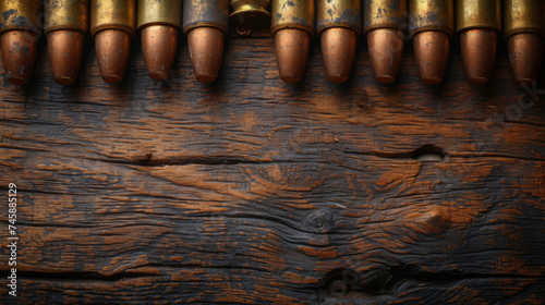 Military firepower: Cartridges for a rifle and a carbine on a wooden background. Ammo close-up. Space for text  photo