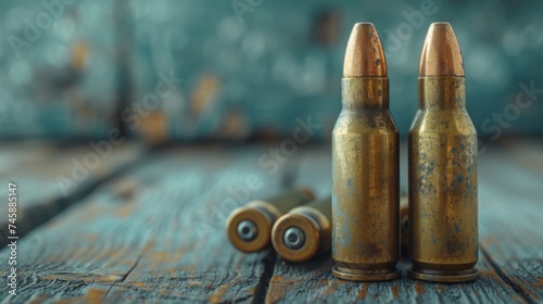 Military firepower: Cartridges for a rifle and a carbine on a wooden background. Ammo close-up. Space for text  photo