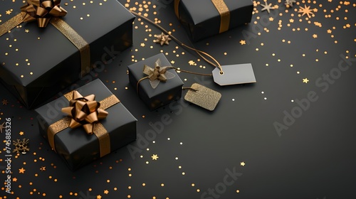 Black Friday sale design template. Black gift box with golden ribbon and empty price tag isolated on black background copy space. sale or promotion concept. © isbah