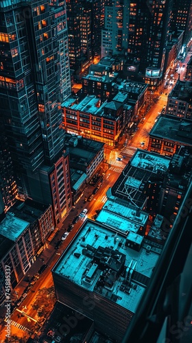 Rooftop view of a city at night  wide shot capturing the urban skyline illuminated by ambient street lights