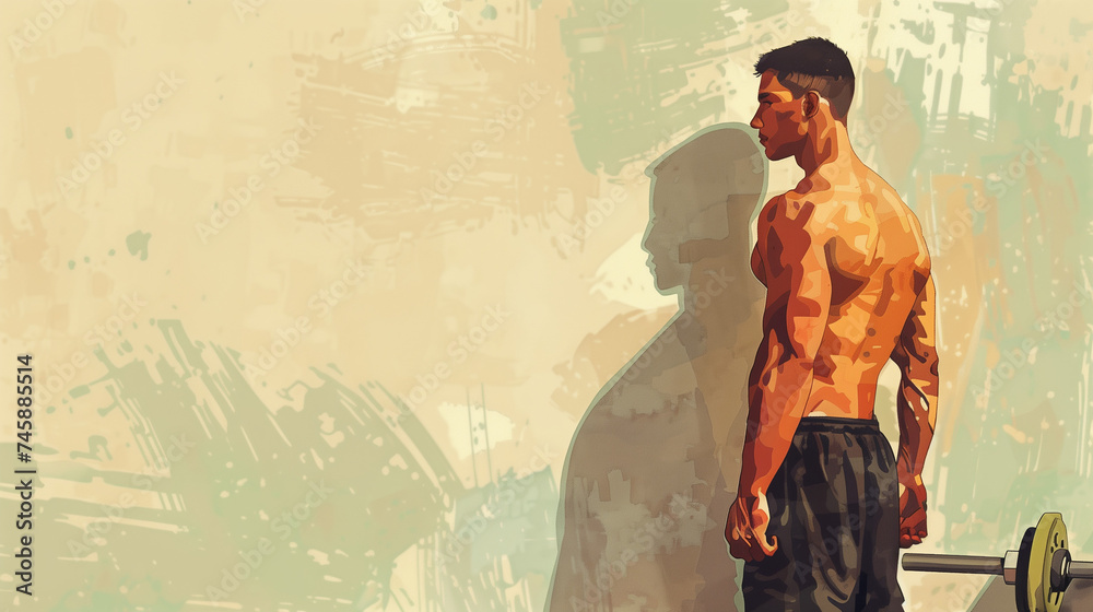 Obraz premium Muscular male physics, body builder background, space for writing messages, greeting card, desktop wallpaper