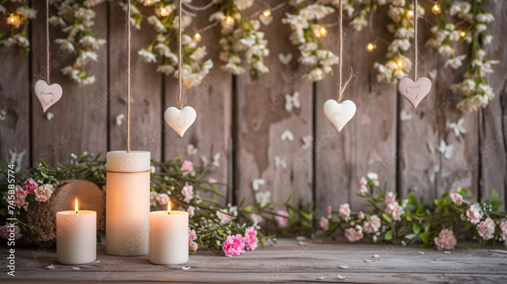 Candles and flowers with hanging hearts on wooden.
