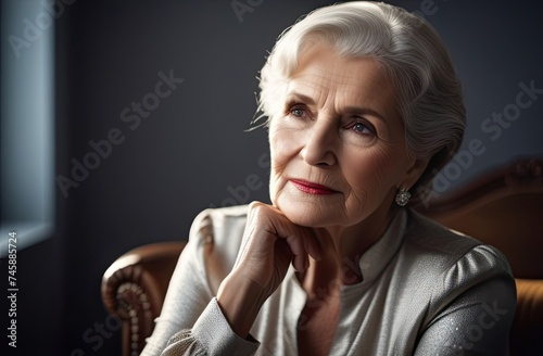 Elegant senior woman in silver dress, hands near face,