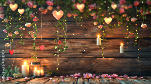 Candles and flowers with hanging hearts on wooden.