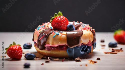 Glossy donut with sprinkle and strawberry blueberry chocolate cheese. Generative AI.