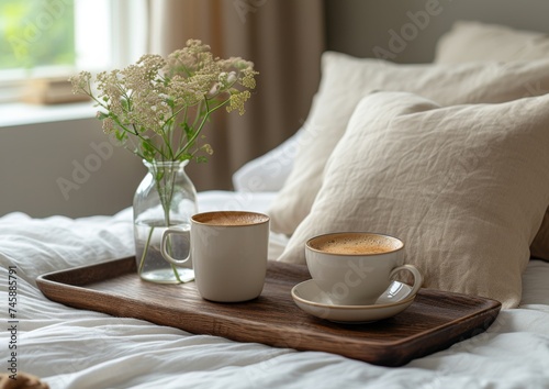 Modern wooden tray with coffee on bed, cozy place to relax 