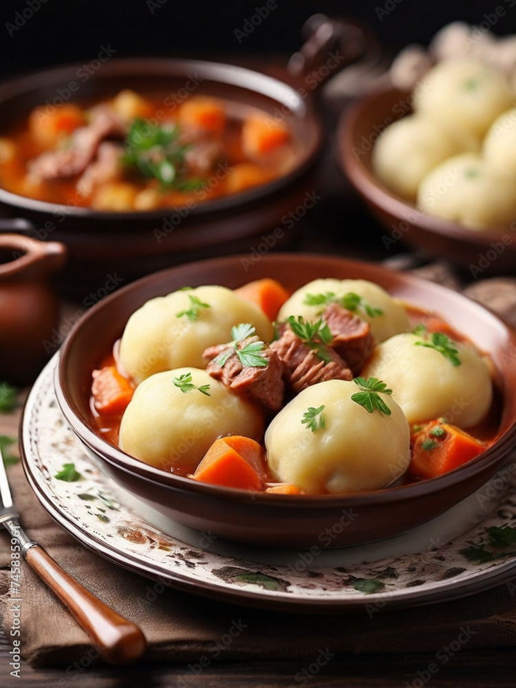 Bowl of Beef Stew with Vegetables on Wooden Table Bowl of Beef Stew with Vegetables on Wooden Table