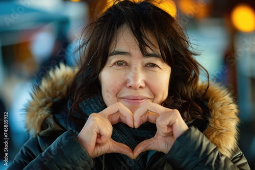 Middle-aged Asian woman making heart shape with fingers, fur-trimmed coat, winter setting