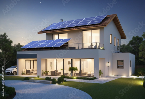 Smart home with solar panels. concept illustration. © Fukurou