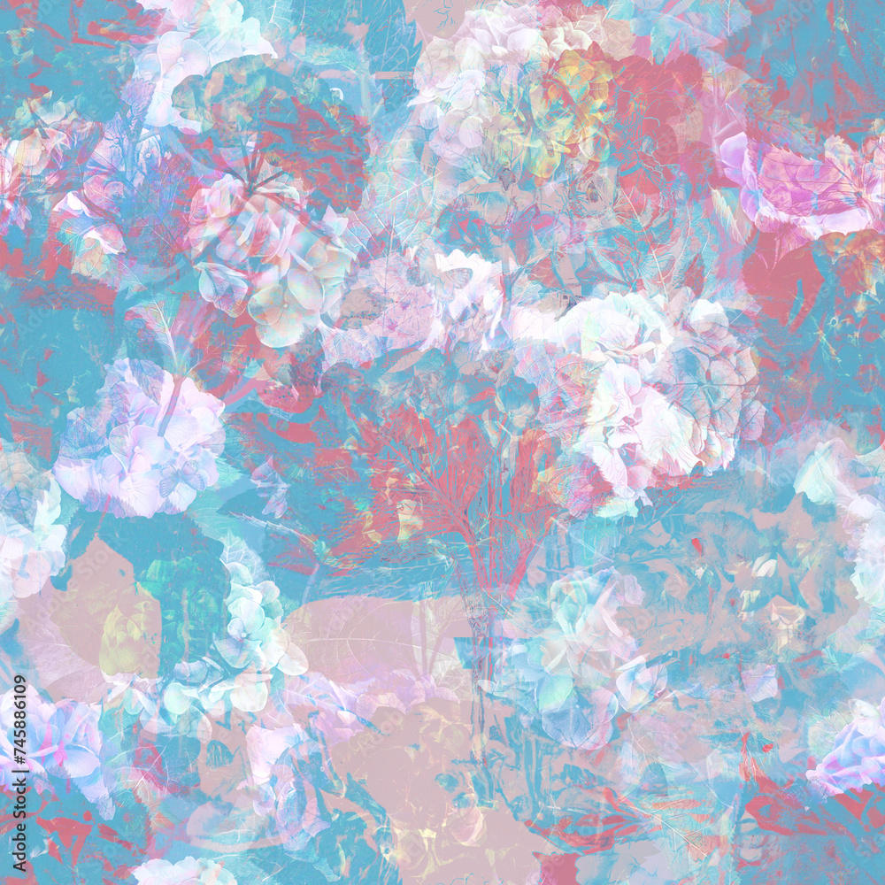 Glitch floral pattern seamless in blue pink color aesthetic abstract watercolor repeating texture background soft pastel colors surreal distorted flowers abstract design