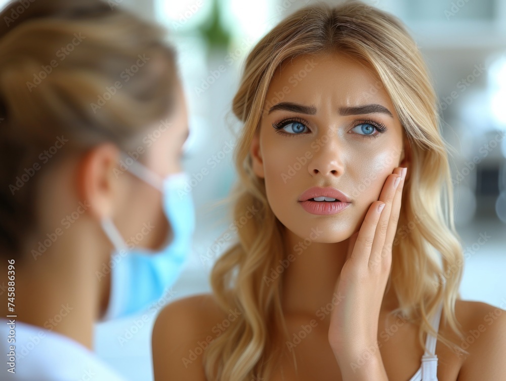 beautiful woman holds her cheek and consults a dentist about toothache - obrazy, fototapety, plakaty 