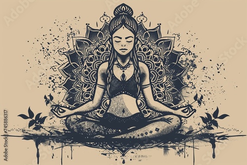 Illustration of meditating woman sitting in the lotus pose against mandala backdrop