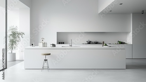 Elegance of a minimalist white kitchen, where sleek surfaces and pristine white tones create a sophisticated backdrop for culinary creativity and stylish living