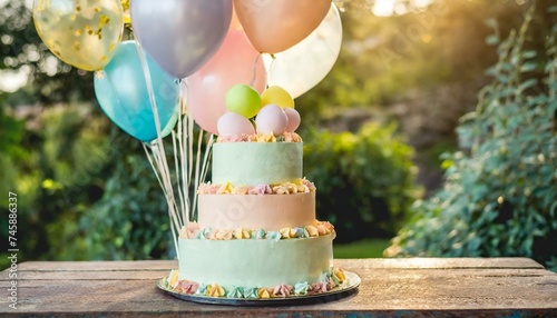 Gâteau d'anniversaire à plusieurs niveaux aux couleurs pastel décoré de ballons de fête photo