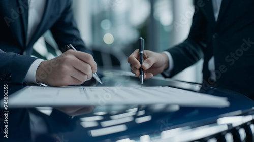 Car dealer signs a contract for a new car.