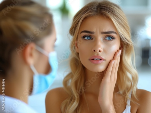 beautiful woman holds her cheek and consults a dentist about toothache
