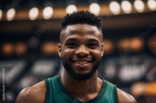 Portrait of afro american male basketball player at court, smiles and looking at camera. © Asfand