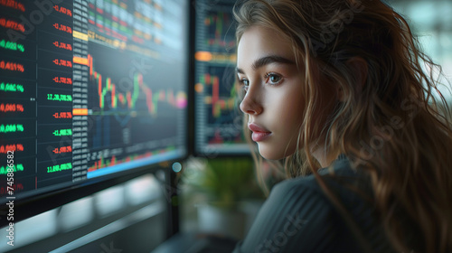 Trading and financial concept. a young beautiful woman looking at the monitor with stock market data. 