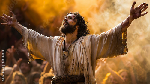 With arms outstretched in surrender, Jesus offers himself to God in prayer, his words a testament of faith and obedience, as he submits to the divine will with unwavering trust and