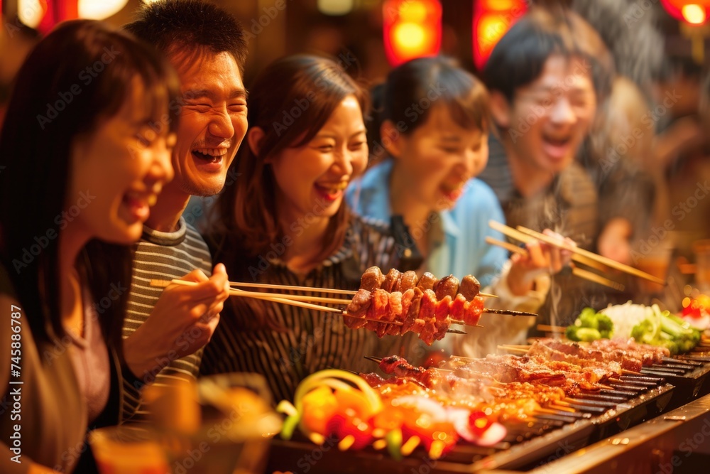 Vibrant scene of Asian friends at a barbecue, a blend of culinary tradition and social bonding