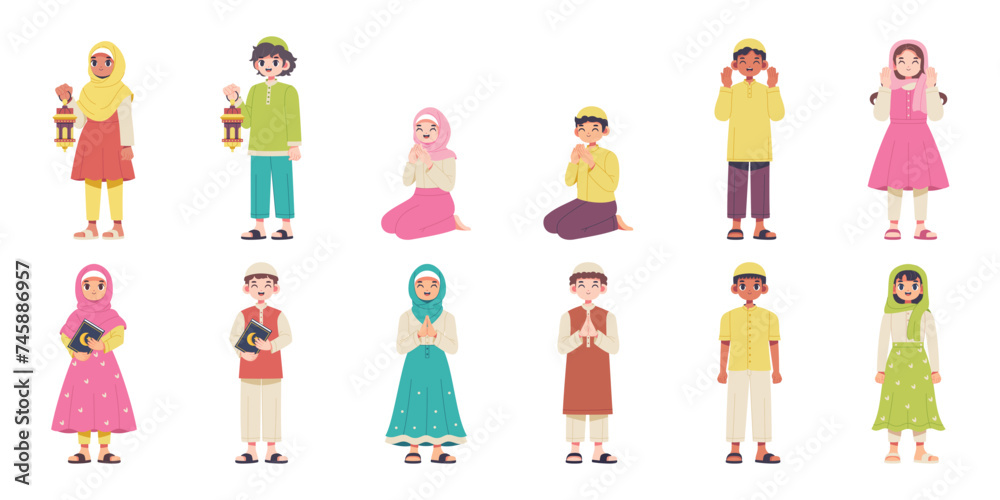 Vector Happy Muslim kids Characters Cartoon Ramadan Set Illustration Isolated Vector Happy Muslim kids Characters Cartoon Ramadan Set Illustration Isolated