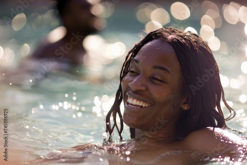 Joyous Black Woman with Braided Hair Swimming in Glistening Waters at Sunset