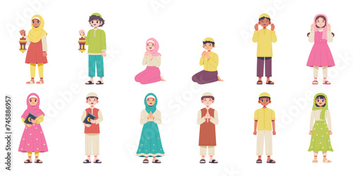 Vector Happy Muslim kids Characters Cartoon Ramadan Set Illustration Isolated