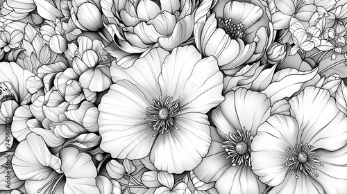 Flowers like roses, daisies, and tulips rendered in a beautiful and elegant line art style. photo