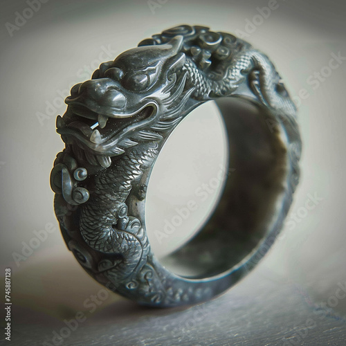 Chinese jade ring, Han period. Dark grey jade with blackish clouding. Decorated with dragons in relief.