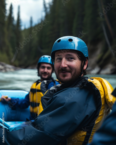  close-up, 3 people rafting, on a river, through a forest, dark blue suit, light blue helmet © Denis