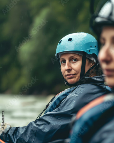  close-up, 3 people rafting, on a river, through a forest, dark blue suit, light blue helmet © Denis