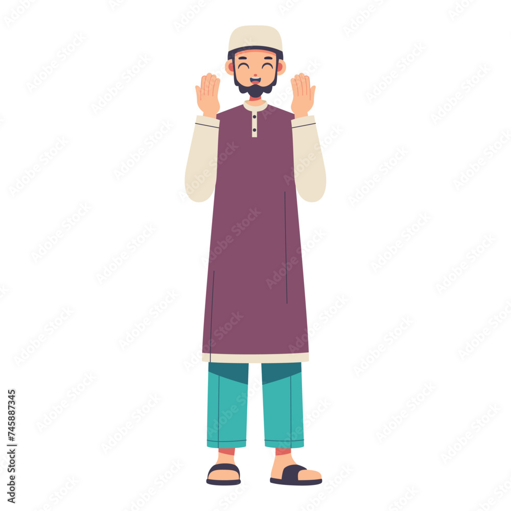 Vector Muslim Man Praying Cartoon Ramadan Illustration Isolated