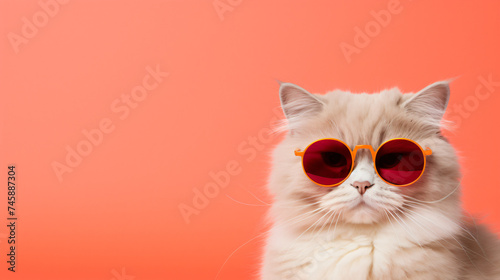 Cat with sunglasses on solid background.