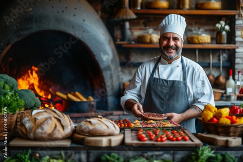  friendly cheerful chef in a traditional italian restaurants kitchen