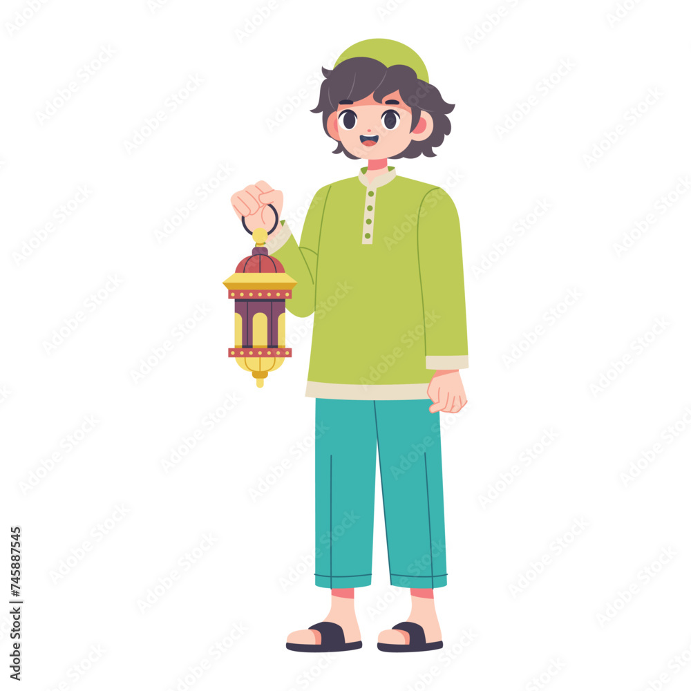 Vector Muslim Boy Holding Lantern Cartoon Ramadan Illustration Isolated Vector Muslim Boy Holding Lantern Cartoon Ramadan Illustration Isolated