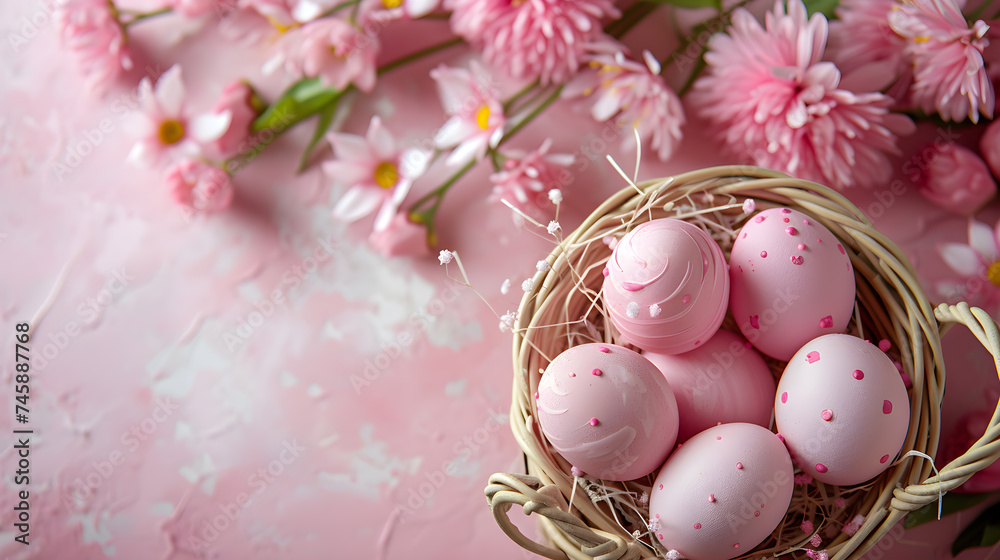 Joyful Celebrations: Top View of Easter Elegance in Pink and Eggs. Generative AI