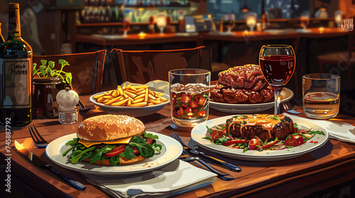 Food in a restaurant. AI generated art illustration. 