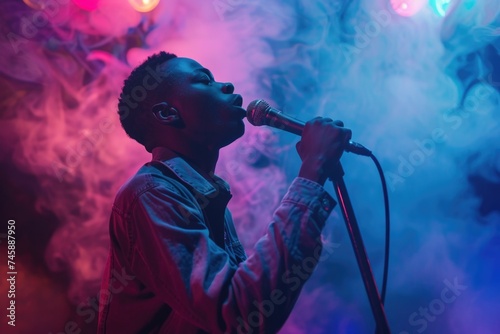 Emotive young black male artist singing with closed eyes, engulfed in stage smoke and warm lighting