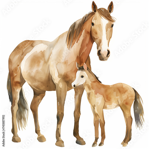 Watercolor cartoon illustration of a horse and her baby  isolated on a white background 