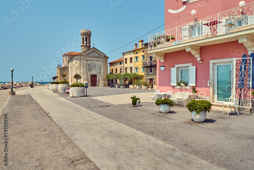 Preseren Quay, Piran city, Slovenia, peninsula, lighthouse photo