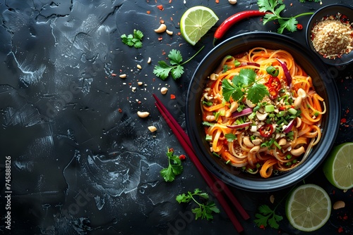 Top-View Presentation of Khao Soi Thai Cuisine on a Black Background. Concept Food Styling, Thai Cuisine, Top-View Photography, Black Background, Presentation Techniques