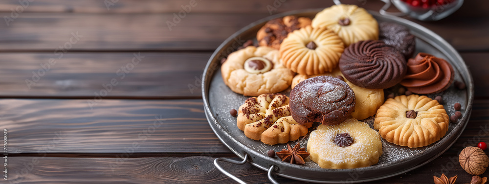 Assorted cookies in a tray. Variety of freshly baked cookies artfully displayed in a metal tray