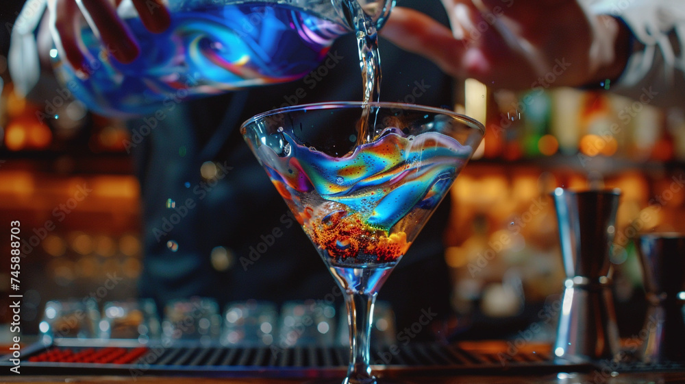 Close-up of bartender's hands pouring vodka cosmopolitan into a martini glass, capturing the vibrant colors and swirling motion of the cocktail. - obrazy, fototapety, plakaty 