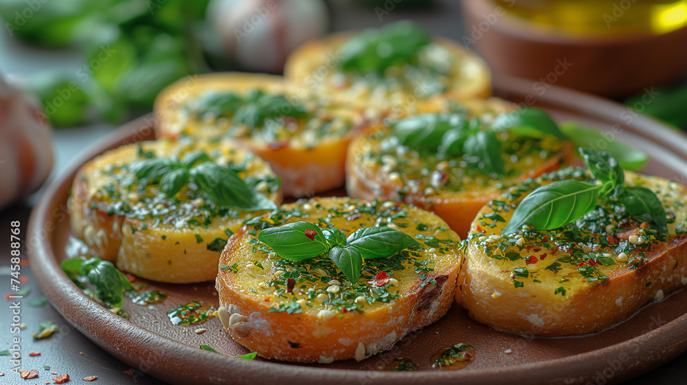Artisan garlic bread toast with fresh basil leaves, garlic, and spices served on a plate. Gourmet toasted baguette slices with basil and spices Artisan garlic bread toast with fresh basil leaves, garlic, and spices served on a plate. Gourmet toasted baguette slices with basil and spices