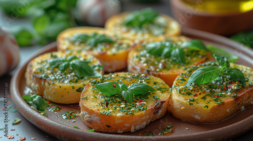 Artisan garlic bread toast with fresh basil leaves, garlic, and spices served on a plate. Gourmet toasted baguette slices with basil and spices © losmostachos